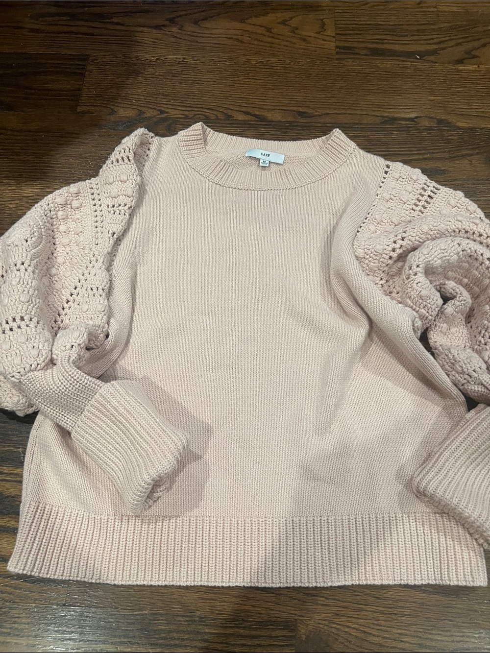 FateLace-Puff Sleeve Crewneck Sweater in Blush Pink